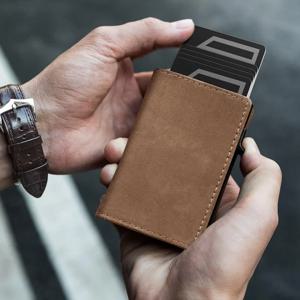 YATBEST 남성용 RFID 도난 방지 3단 지갑 지퍼 동전 주머니가 있는 초박형 신용 카드 클립 브러시 항자성 카드 가방