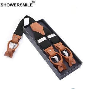 SHOWERSMILE 남성 서스펜더 클립 솔리드 레드 셔츠 교정기 가죽 탄성 남성 와이드 멜빵 3.5cm 카키 블루 블랙 커피
