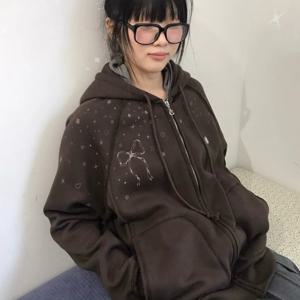 루즈핏 후드티 캐주얼 프린트 나비 매듭 별 디자인 가을 아우터 여성용 스위트 스타일 긴팔 코트