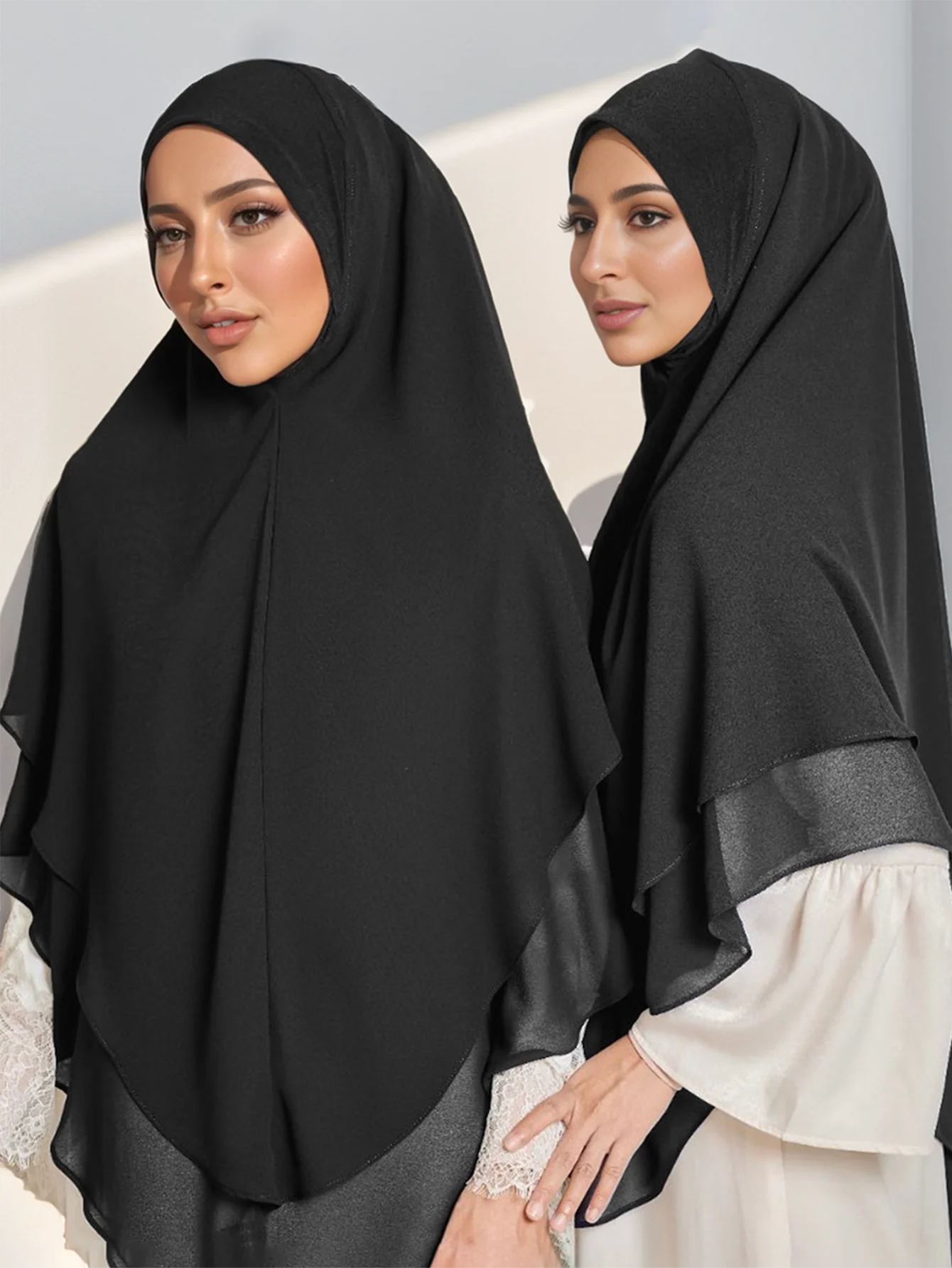 1pc 착용 준비 완료 인스턴트 Hijabs 더블 레이어 쉬폰 솔리드 헤드 스카프 Foulard Femme Musulman Shawl Wrap Bandana