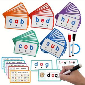 드라이 지우기 필기 플래시 카드 60pcs 파닉스 CVC 단어 파닉스 게임 시작 파닉스 단어 빌더 맞춤법 읽기 단어