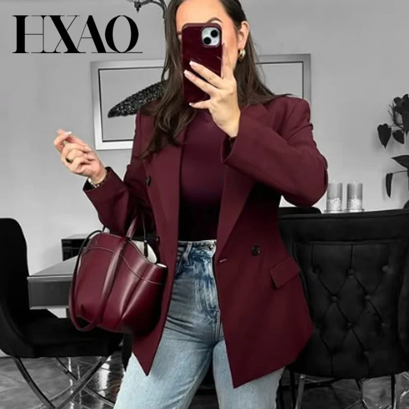 HXAO 2025 여성용 레드 블레이저 오피스웨어 여성 우아한 버건디 피티드 아우터 시크 수트 재킷 고품질 여성용 블레이저