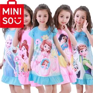 MINISO 소녀 나이트 드레스 여름 디즈니 만화 백설 공주 냉동 공주 엘사 인어 인쇄 십대를위한 유아 소녀 잠옷