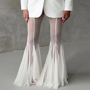 여름 루즈핏 홀터넥 와이드 레그 팬츠 여성용 반짝이는 시스루 스트릿 트라우저 2025 신상 여성 메쉬 휴가 아우터