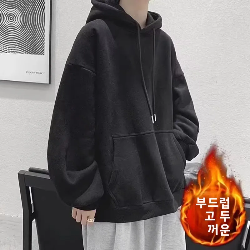 후드 스웨트셔츠 남성용 두꺼운 플리스 안감 루즈핏 스포츠 가을 겨울 아우터웨어 게으른 스타일 커플 매칭