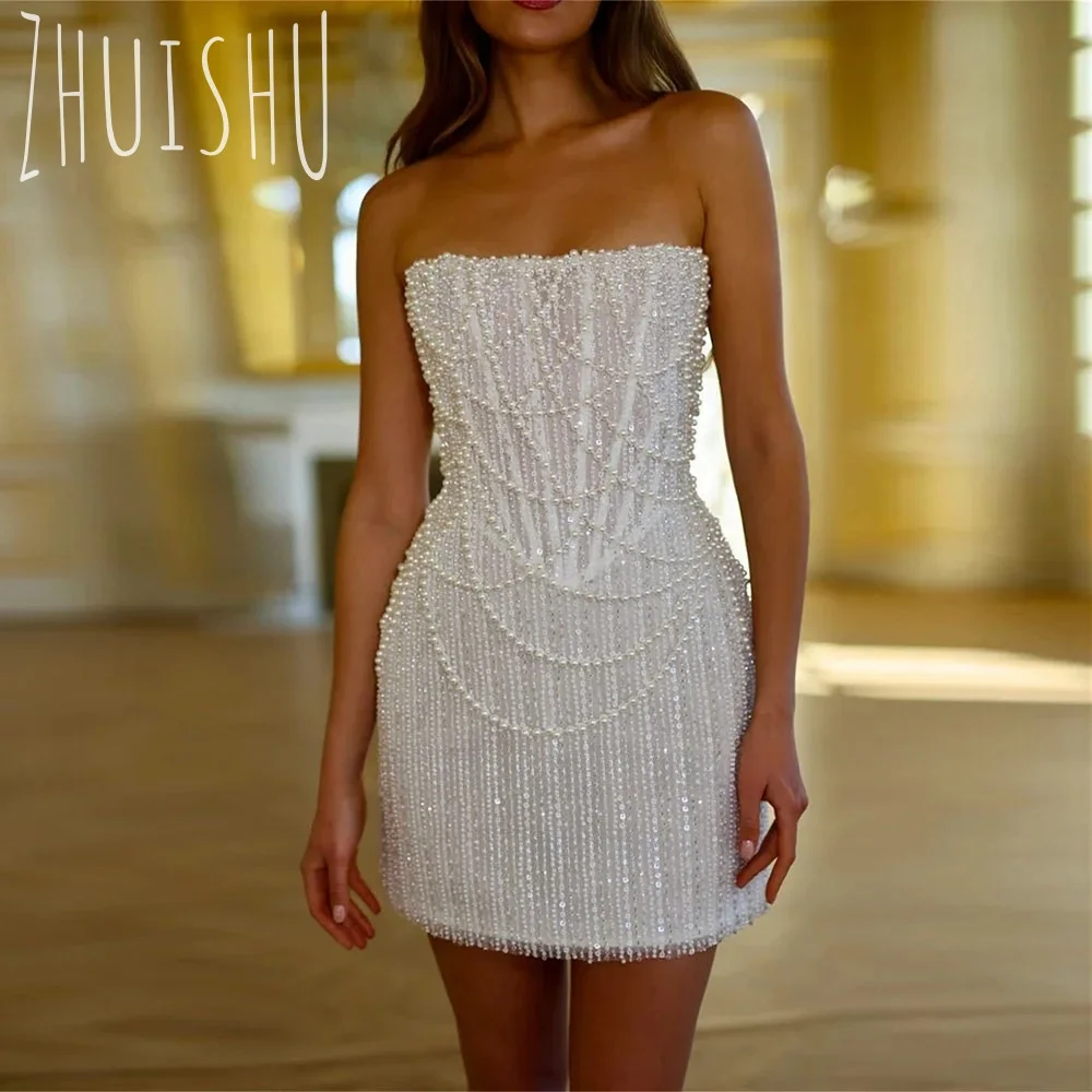 ZHUISHU 럭셔리 짧은 웨딩 드레스 2025 진주 구슬 장식 Strapless 오픈 백 파티 드레스 맞춤형 미니 Vestidos De Novia Boda