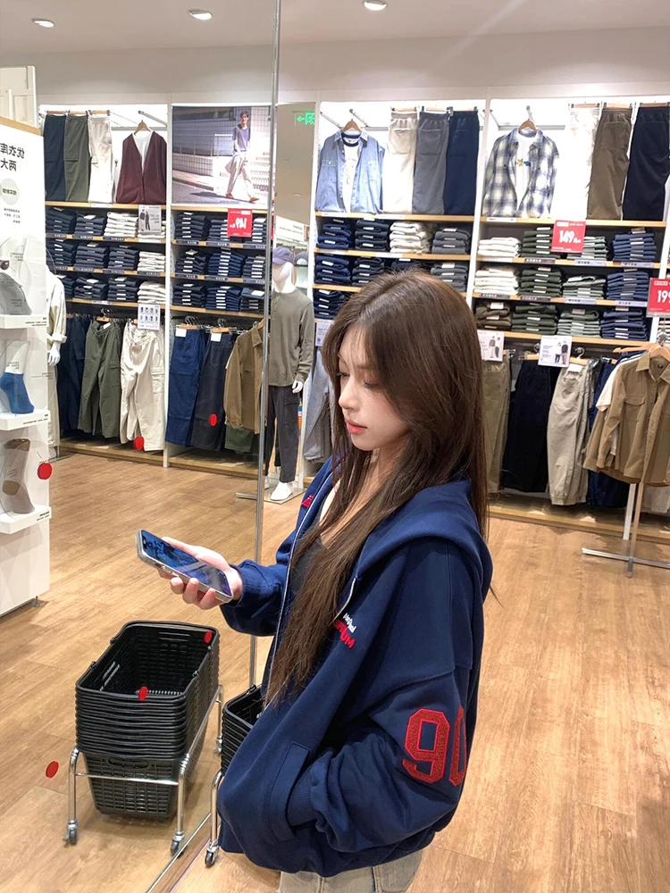 아메리칸 레트로 후드 오버사이즈 자수 스웨트셔츠 여성용 봄 가을 신상 트렌디 브랜드 오픈 가디건 커플 재킷
