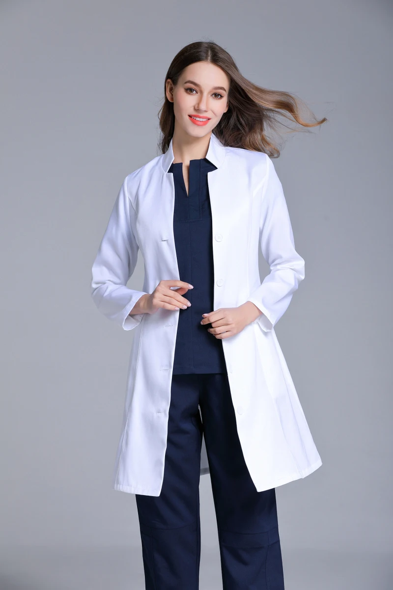 가을 여성 스탠드 칼라 주름 방지 긴 소매 실험실 유니폼 치과 진료소 의사의 아웃웨어 슬림 피트 화이트 색상
