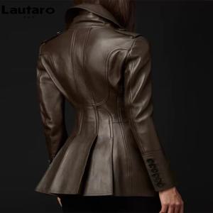 Lautaro 가을 장착 커피 스커트 Pu 가죽 블레이저 자켓 여성 긴 소매 더블 브레스트 고품질 유럽 패션