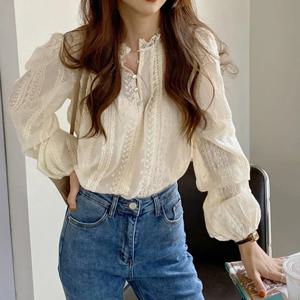 우아한 레이스 여성 패션 블라우스 새로운 봄 가을 긴 소매 캐주얼 오피스 루즈 셔츠 숙녀 스탠드 칼라 간단한 탑 의류