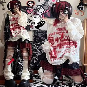 가을 패션 고딕 의류 그런지 탑 Y2K 다크 펑크 홀 세련된 디자인 후드 여성 인쇄 느슨한 streetwear 까마귀 특대