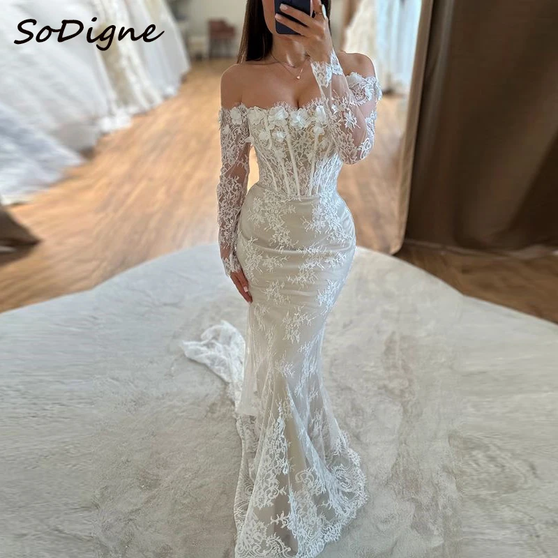 SoDigne 인어 레이스 웨딩 드레스, 오프숄더 긴팔 신부 원피스, 보호 웨딩 가운, 맞춤형 가운