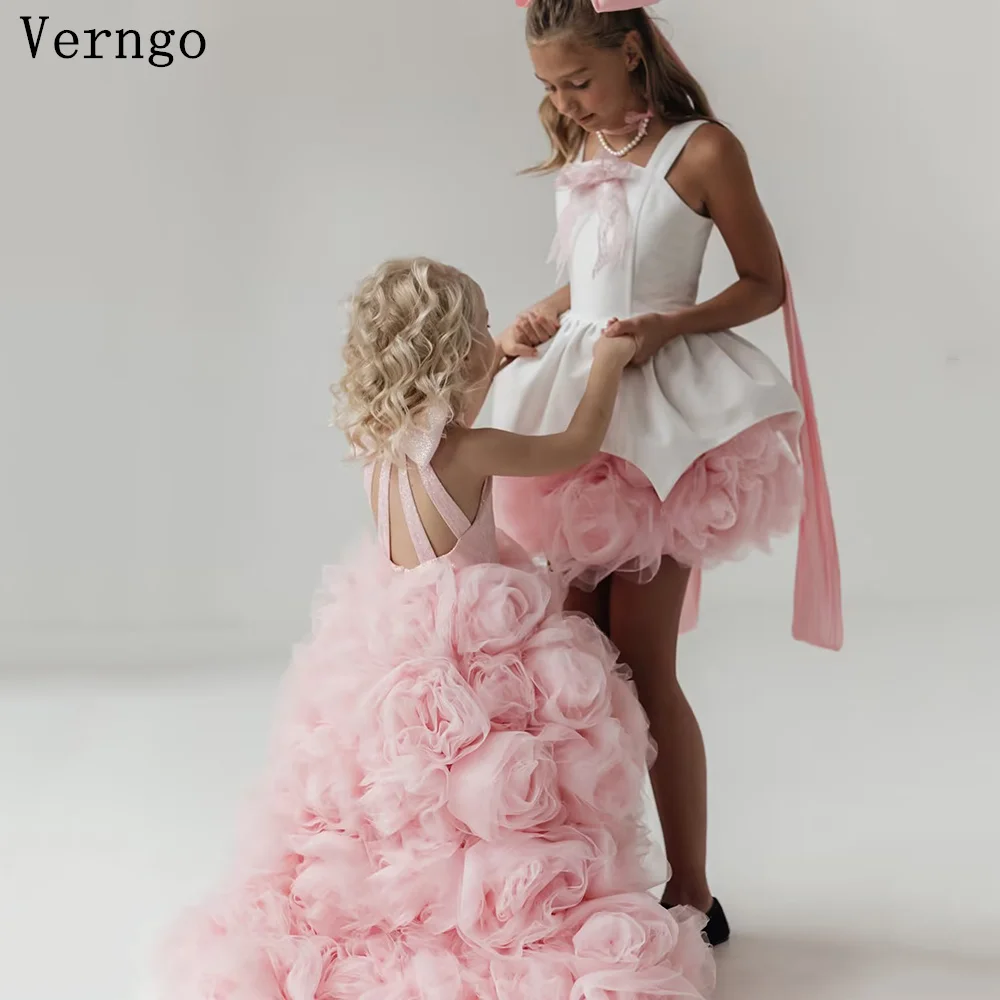 Verngo 블러시 핑크 얇은 명주 그물 여아 생일 파티 원피스 고삐, A 라인 3D 꽃 아이 드레스, 공주 웨딩 파티 원피스 맞춤