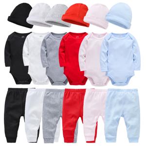 3 조각 세트 100% 코튼 베이비 Rompers 바지 모자 빈 색상 어린이 바지 일반 신생아 의류 모슬린 바디 슈트 옷