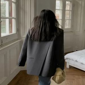 여성용 검은 양복 재킷 긴 소매 블레이저 한국 패션 백 분할 사무실 블레이저 숙녀 루즈 코트