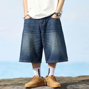 빈티지 남성 streetwear 데님 반바지 패션 한국어 느슨한 스트레이트 청바지 캐주얼 성격 넓은 헐렁한 짧은 바지 남성
