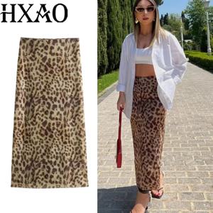 HXAO Tulle Leopard 스커트 여성용 빈티지 여름 롱 스커트 여성 프린트 우아한 여성 스커트 하이 웨이스트 섹시 스커트 088