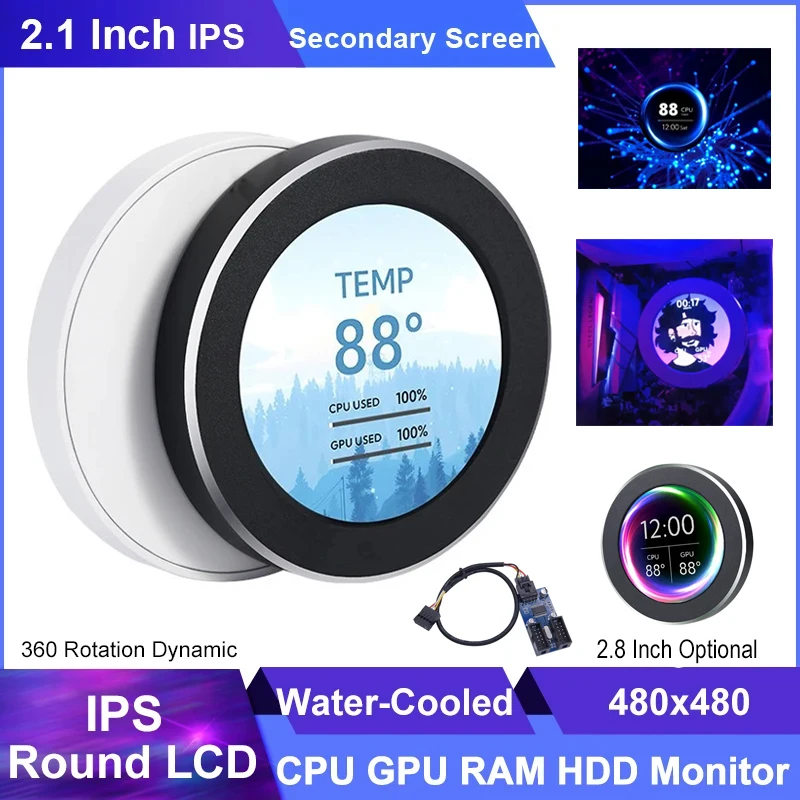 2.1 2.8 인치 IPS 보조 화면 480x480 USB 수냉식 원형 LCD CPU GPU RAM HDD 모니터링 AIDA64 미니 PC 게이머 디스플레이 없음