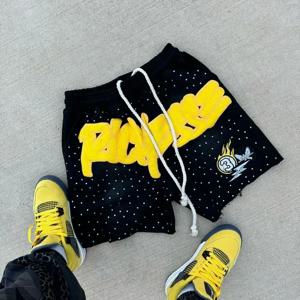 Y2K 하라주쿠 남성용 반바지 라인스톤 레터 프린트 스웨트 팬츠 패션 속건성 및 내리막 캐주얼 오토바이 반바지 모토
