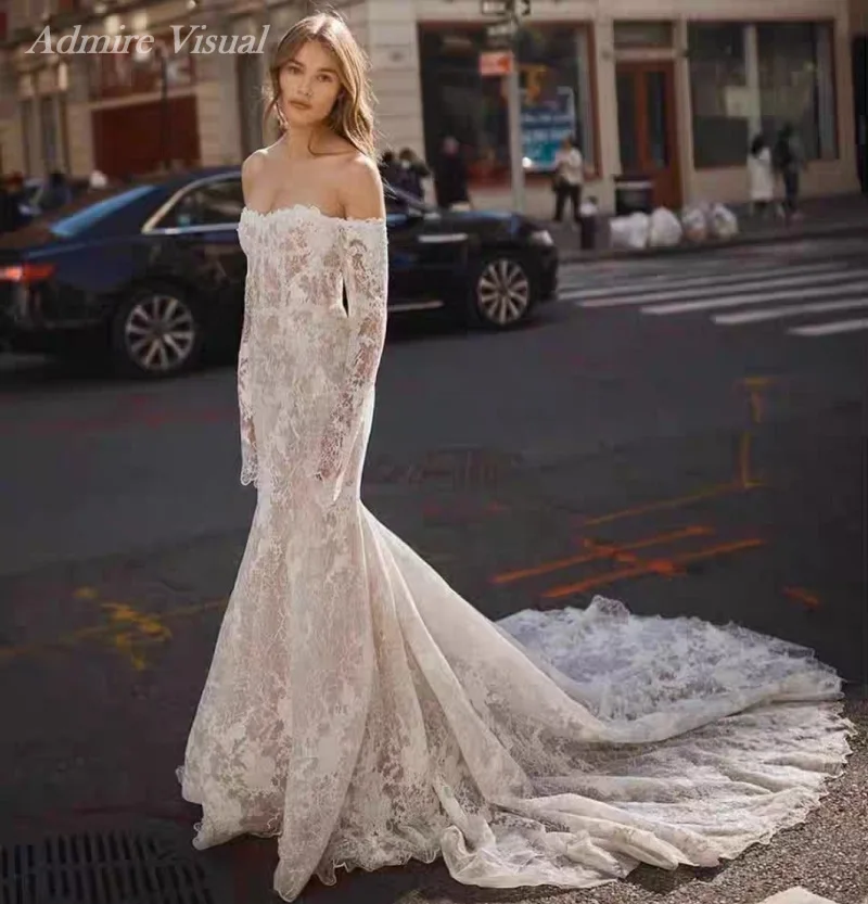 최신 웨딩 드레스 레이스 인어 긴 소매 오프 어깨 Illusive Back 맞춤형 신부 가운 Vestidos De Novia