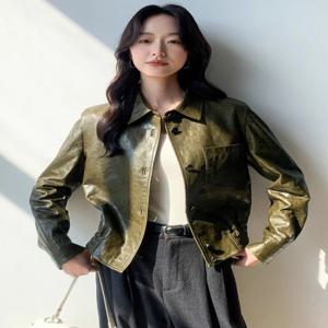 여성을위한 빈티지 정품 가죽 크로프트 자켓 봄 가을 하이 엔드 단순 싱글 브레스트 소프트 오일 왁스 진짜 양피 코트