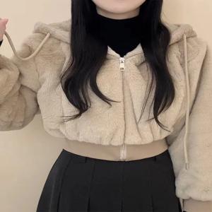 게으름에서 영감을 받은 두꺼운 면 혼방 여우털 재킷 여성 패션 랜턴 소매 숏 코트 한국 스타일 벨트 허리
