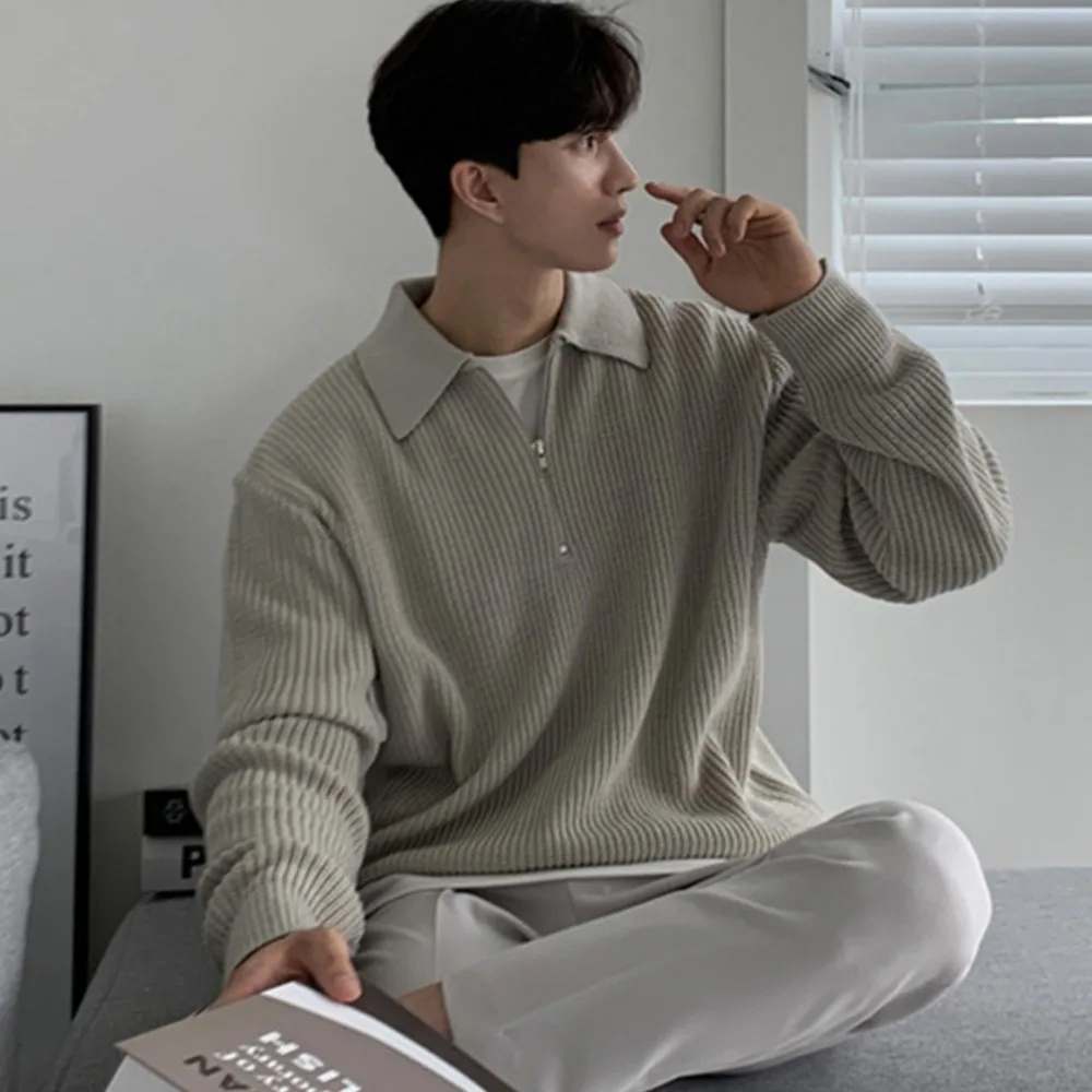 하프 지퍼 스웨터 남성용 가을 겨울 일본 레트로 한국 스타일 카라 스웨터 루즈 캐주얼 트렌드