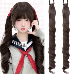LUPU 2pcs 헤어 포니테일 가발 익스텐션 합성 블랙 브라운 로마 롤 포니테일 익스텐션(탄성 밴드 포함) 로리타 가발