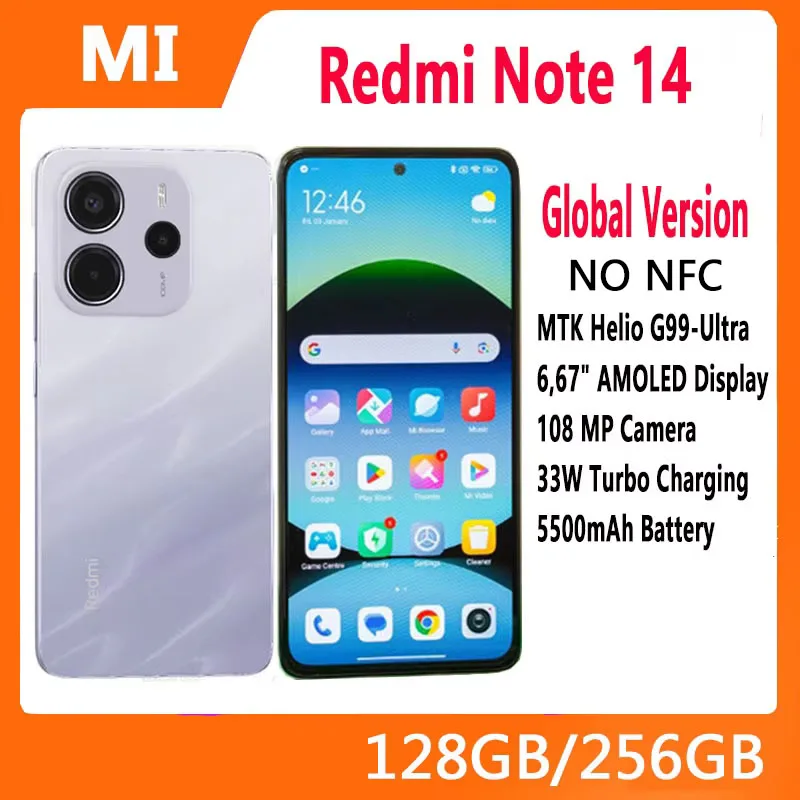 【브랜드+】글로벌 버전 샤오미 레드미 노트 14 미디어텍 헬리오 G99-울트라 108MP AI 5500mAh 6.67인치 AMOLED 120Hz 디스플레이