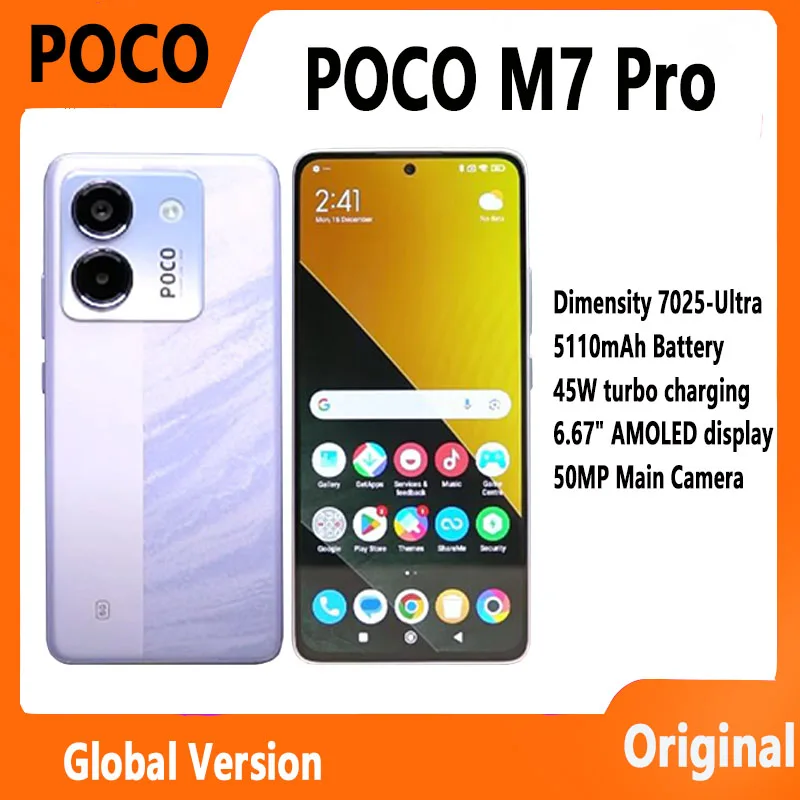 【브랜드+】최신 POCO M7 Pro 5G 글로벌 버전 디멘시티 7025-울트라 120Hz FHD+ 아이케어 AMOLED 디스플레이 5110mAh 배터리 NFC