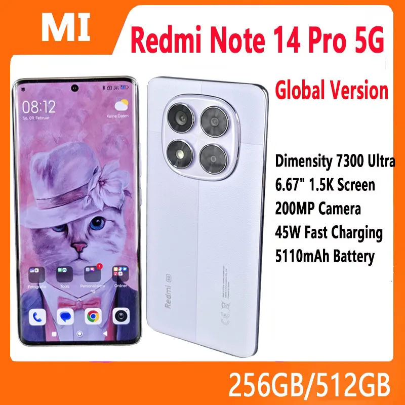 글로벌 버전 샤오미 레드미 노트 14 프로 5G 스마트폰 미디어텍 디멘시티 7300-울트라 200MP AI 카메라 NFC 6.67인치 AMOLED 디스플레이 IP68