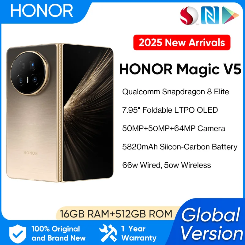 【브랜드+】HONOR 매직 V5 글로벌 버전 5G 폴더블 LTPO OLED 120Hz 디스플레이 7.92인치 50MP 카메라 스냅드래곤 8 엘리트 5820mAh 66W