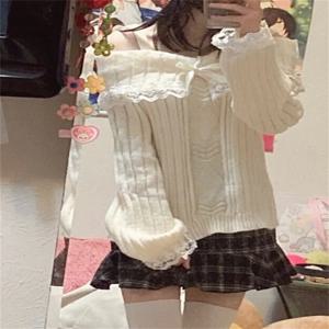 그런지 여성 오프 숄더 니트 스웨터 핑크 풀오버 스위트 풀오버 긴 소매 보우 레이스 패치 워크 점퍼 Y2k streetwear