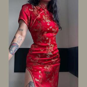 새로운 중국 스타일 드레스 자카드 새틴 Cheongsam 여성 섹시한 분할 Qipao 전통 버튼 드레스 저녁 파티 Vestidos