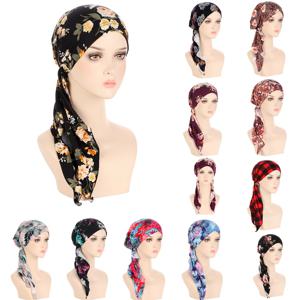 트렌디 한 꽃 프린트 Hijab Turban Hats Boho 롱 테일 헤드 랩 탄성 해적 모자 여성용 통기성 Chemo Cap Girls