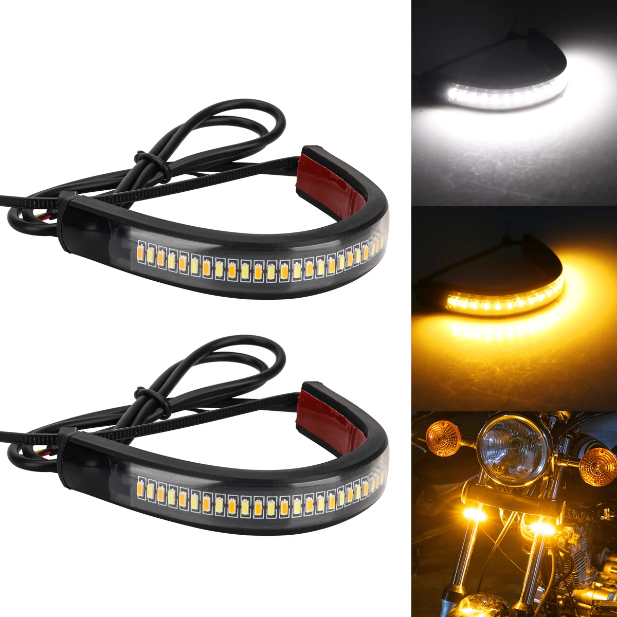 2Pcs 36LED 링 포크 스트립 깜박임 표시기 오토바이 회전 신호 DRL 흰색 앰버 성 노출증 경고 러닝 램프 깜박이 Acces