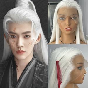 코스프레 화이트 Staright 합성 머리 가발 여성을위한 특별한 헤어 라인 긴 직선 가발 레이스 프런트 가발 고대 의상 가발