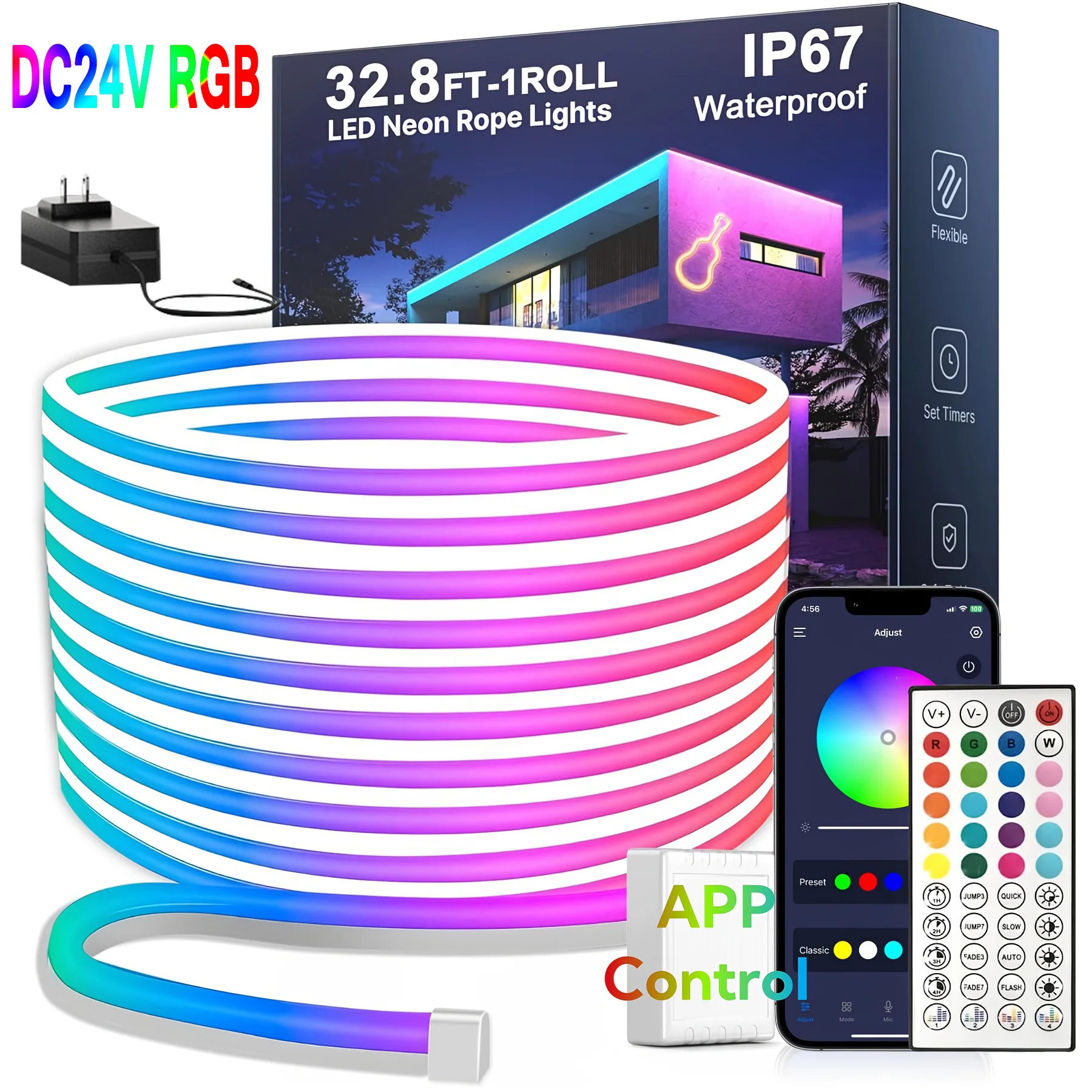 10M/20M/30M RGB LED 네온 로프 조명 음악 동기화 제어 앱/원격 유연한 램프 색상 변경 실내 실외용 방수