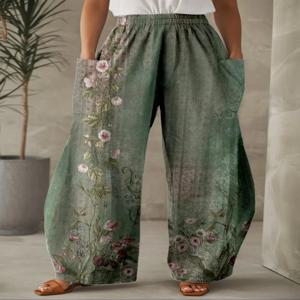 플러스 사이즈 1XL-5XL 여성 패션 꽃 프린트 Pleated 넓은 다리 높은 허리 바지 여성 캐주얼 포켓 느슨한 긴 바지