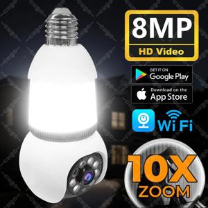 LED 전구가 장착된 8MP E27 전구 카메라 WiFi 감시 카메라 자동 AI 추적 비디오 10X 줌 컬러 야간 투시경 무선 캠
