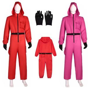 Calamari 게임 가드 코스프레 의상 빨간 점프 슈트 복장 성인 KidsTeenagers Tracksuit 후드 전체 벨트 장갑 세트 할로윈