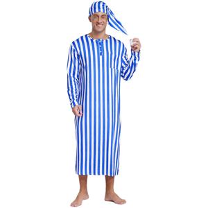 남성 소프트 루즈 잠옷 가운 Nightdress 캐주얼 스트라이프 프린트 긴 소매 긴 가운 Nightshirts with Sleeping Cap Pajama Set
