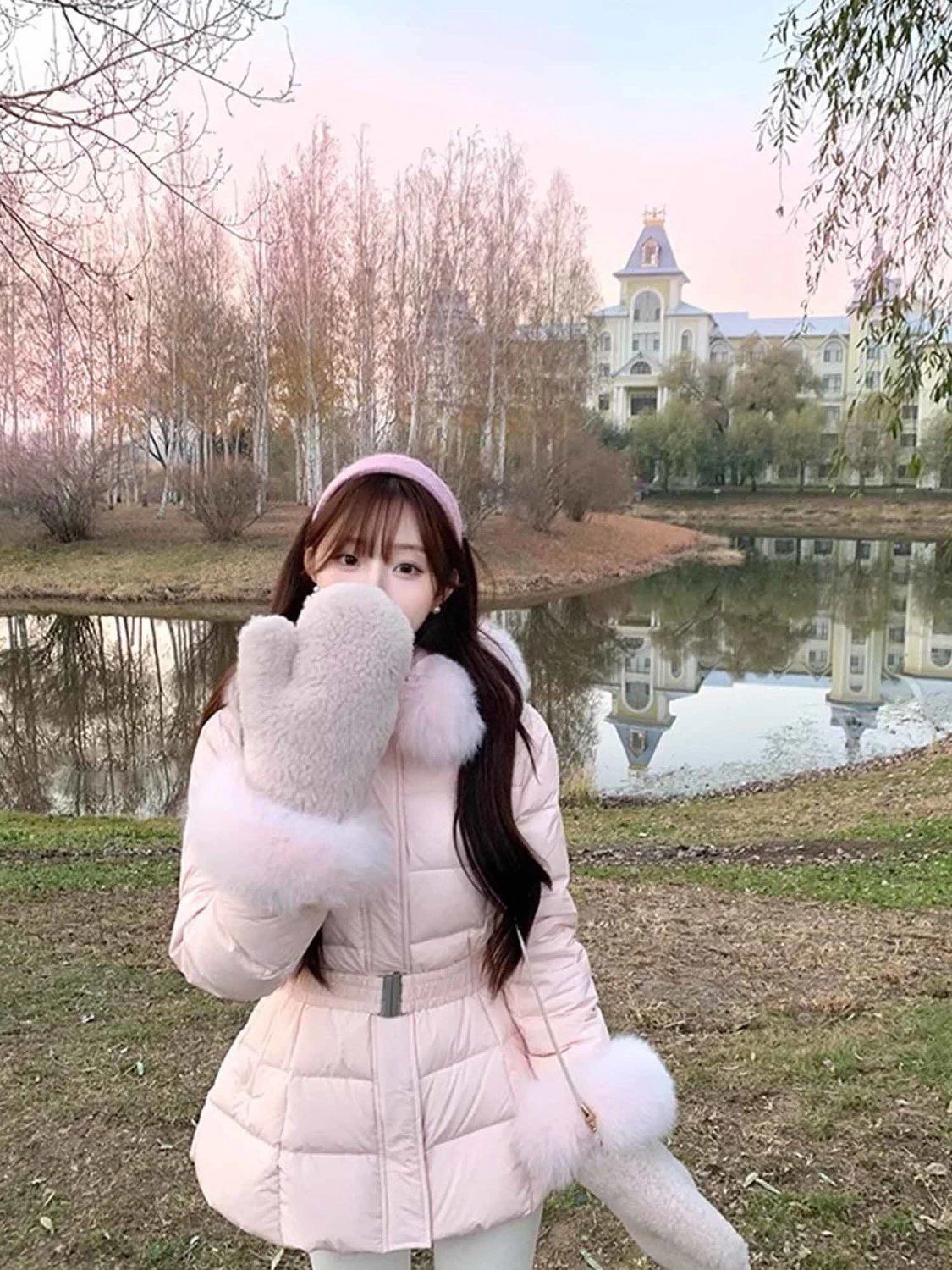 찬잉쉐 한국 스타일 여성용 코튼 재킷, 큰 퍼 칼라, 중간 길이, 허리 조임, 패셔너블한 아우터웨어