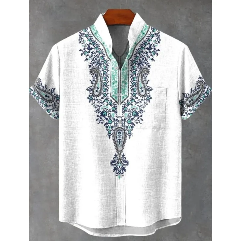 Moslim Kleding Heren 레트로 아프리카 부족 토템 패턴 인쇄 리넨 편안한 패브릭 반팔 셔츠 스트리트 트렌드