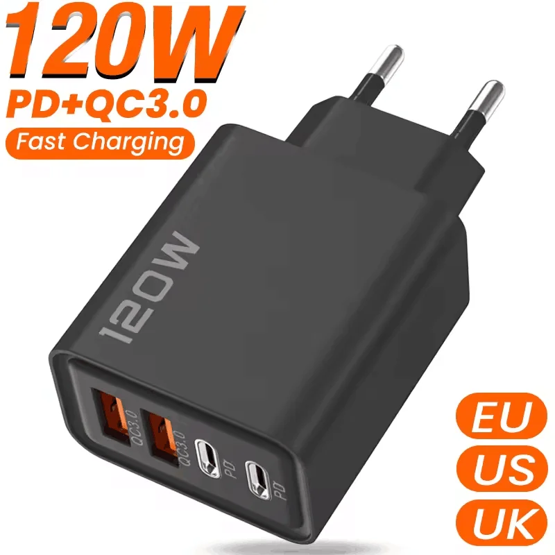 총 120W 고속 충전기 유형 C iPhone 용 휴대 전화 충전기 어댑터 Samsung Xiaomi Quick Charge3.0 PD EU/US 플러그 벽 충전기