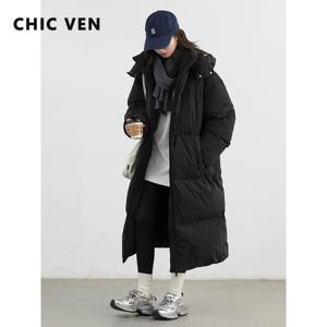 CHIC VEN 패션 여성 다운 코트 후드 두꺼운 루즈핏 솔리드 여성용 90 화이트 덕다운 재킷 여성용 탑코트 가을 겨울 2025