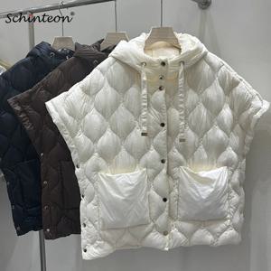 Schinteon 여성용 90% 화이트 덕 다운 조끼 후드가 달린 불규칙한 민소매 자켓 솔리드 컬러 세련된 가을 겨울 탑 2025