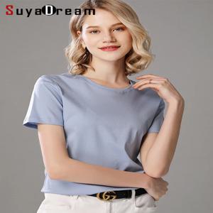SuyaDream 여성 솔리드 티셔츠, 실크 코튼 블렌드, O 넥, 반팔 솔리드 티, 2025 여름 캔디 색상 기본 코지 탑 그린