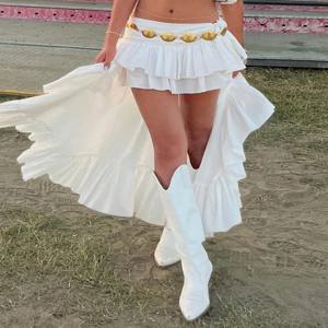 여성용 신축성 밴드 허리 플로잉 스커트, 불규칙한 러플, 비대칭 미디 화이트 보호 스커트, 스트리트웨어