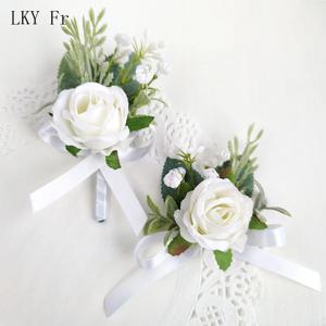 화이트 Boutonniere 웨딩 액세서리, 신랑 버튼 홀 손목 코사지 브로치 꽃, 인공 실크 장미 신부 들러리 팔찌